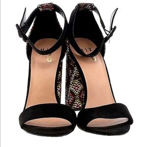 Mix No. 6 heels with ankle strap. 4.25” heel w/ multicolored design.